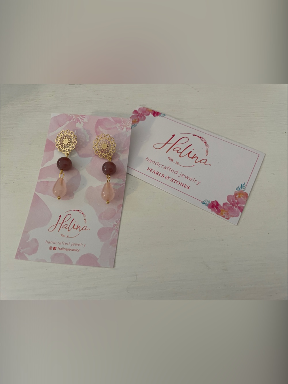 Halina Handcrafted Purple & Pink Blush Stone Drop Earrings with Gold Lace Studs